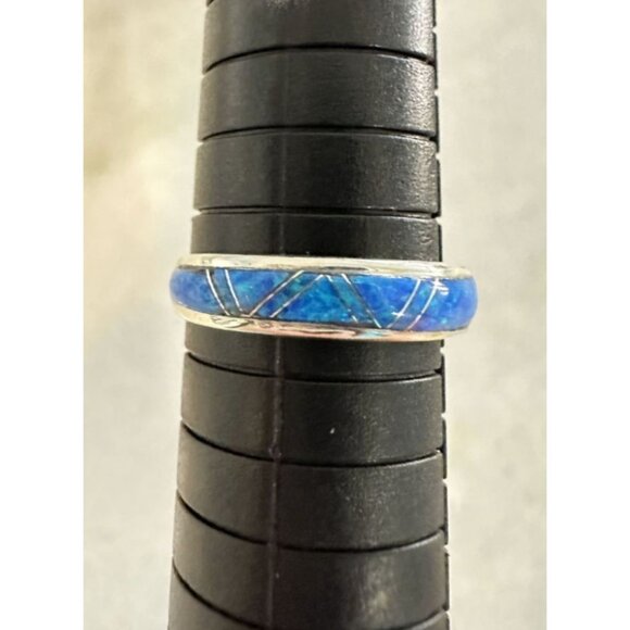 Navajo Zuni Made Blue Lab Opal 4mm Inlay Ring Size 8 w/ Gift Box - Picture 2 of 7